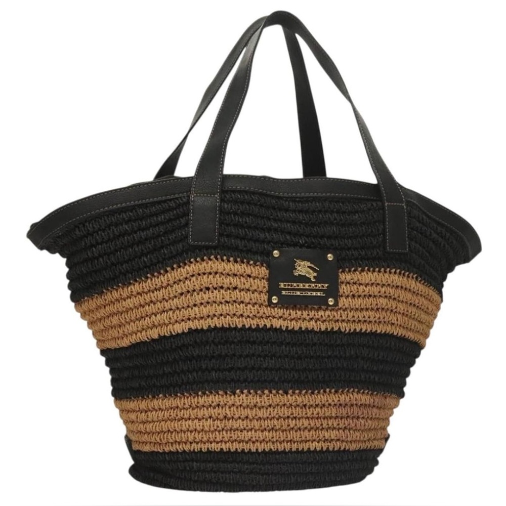 Burberry Blue Label Raffia Straw Tote Bag Black Tan Leather Handles Summer